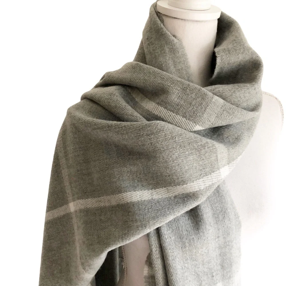 J. Crew Classic Plaid Heather Dusk Gray Ivory Scarf